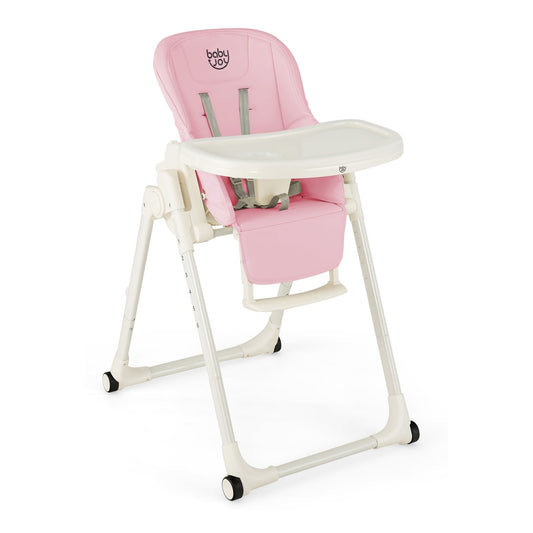 4-in-1 Foldable Baby High Chair in pink with white frame and grey straps