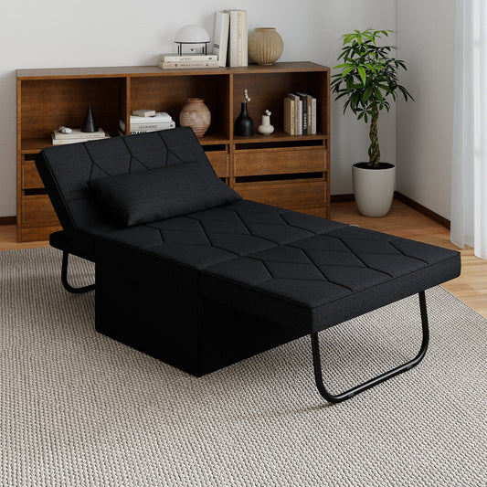 The black sofa bed ottoman is unfolded into a chaise lounge in a living room setting
