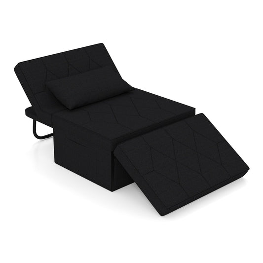 4-in-1 Foldable Sofa Bed Ottoman in black, shown as a chair with an extended footrest