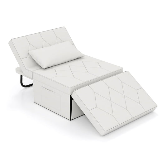4-in-1 Foldable Sofa Bed Ottoman as a reclined chair with a pillow and detached footrest