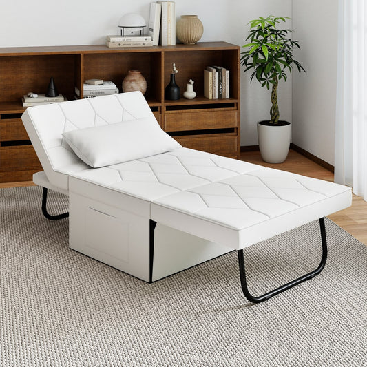The sofa bed ottoman in a living room setting, unfolded into a bed with a pillow