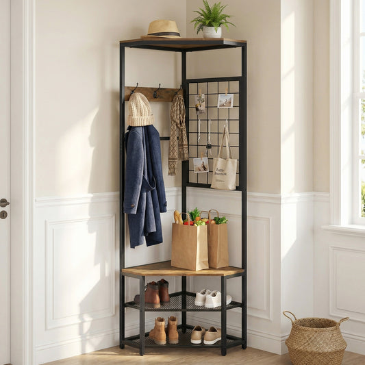 The hall tree placed in a corner with coats, bags, and shoes stored on the shelves