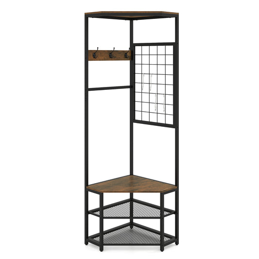 4-in-1 Freestanding Coat Rack with a corner design, metal frame, and wooden shelves