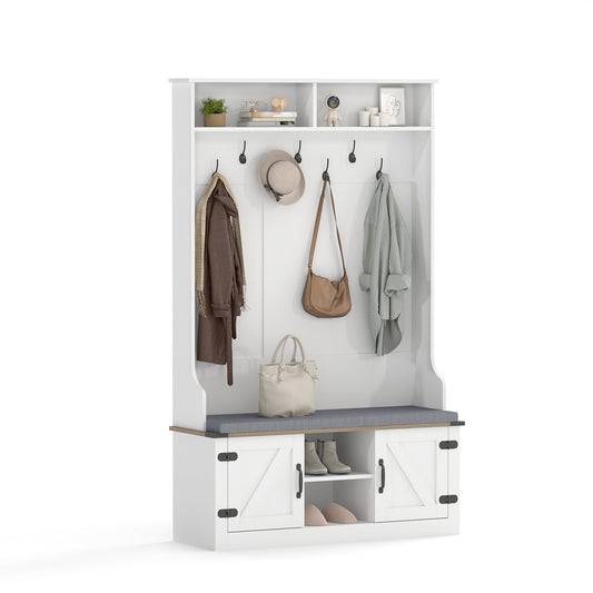 4-in-1 Hall Tree with cushioned bench and shoe storage in white