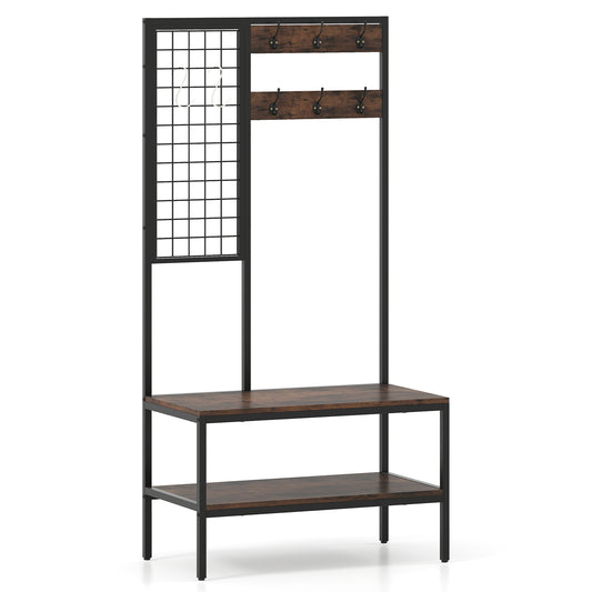 4 in 1 Hall Tree with shoe bench and 8 hanging hooks for entryway