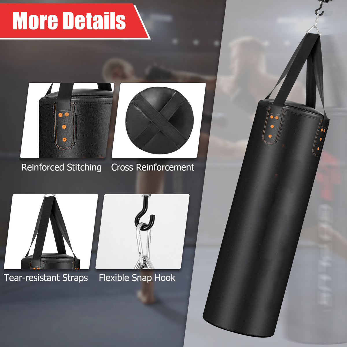The boxing bag showing close-up details of the stitching straps and metal hook