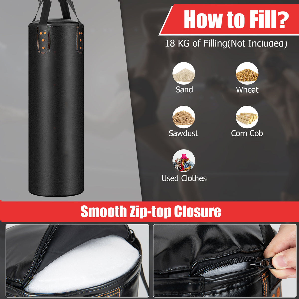 The boxing bag showing the zip top closure and various suggested filling materials