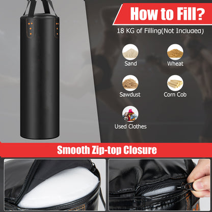 The boxing bag showing the zip top closure and various suggested filling materials