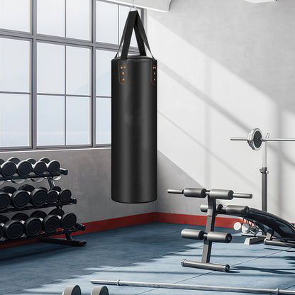 The boxing bag hanging from a ceiling mount in a bright home gym setting