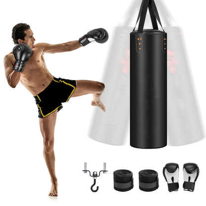 4-In-1 Hanging Boxing Bag Set with 12OZ Boxing Gloves shown with a fighter and accessories