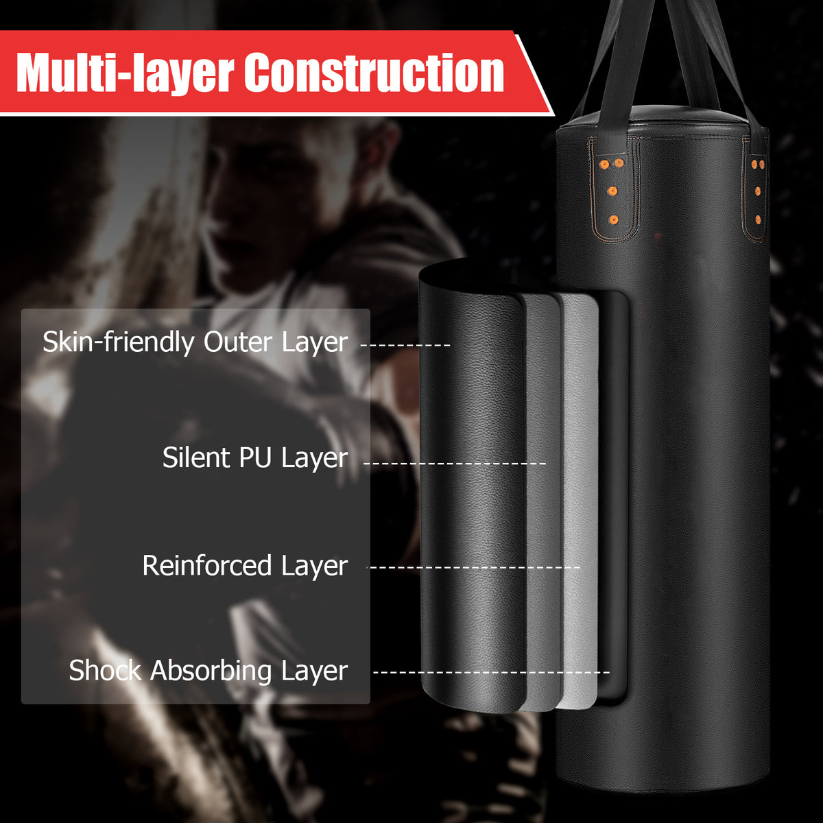 The boxing bag showing the different material layers used in its construction