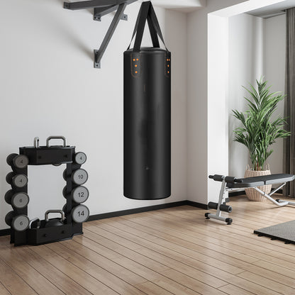 The boxing bag suspended in a room with wooden flooring and gym equipment
