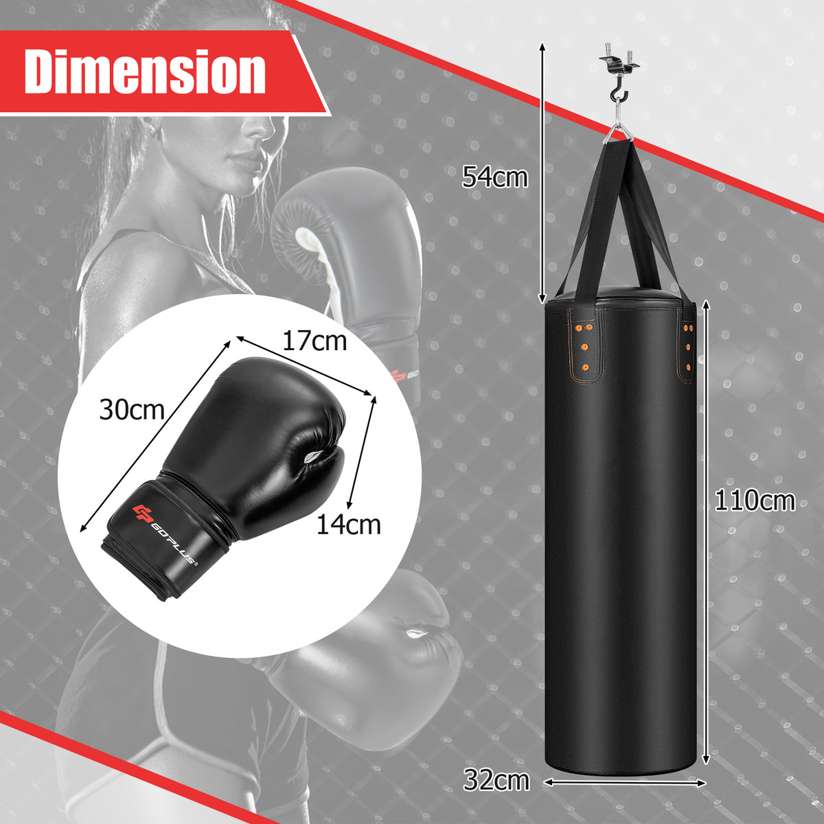 The boxing bag and gloves with lines indicating their height and width dimensions
