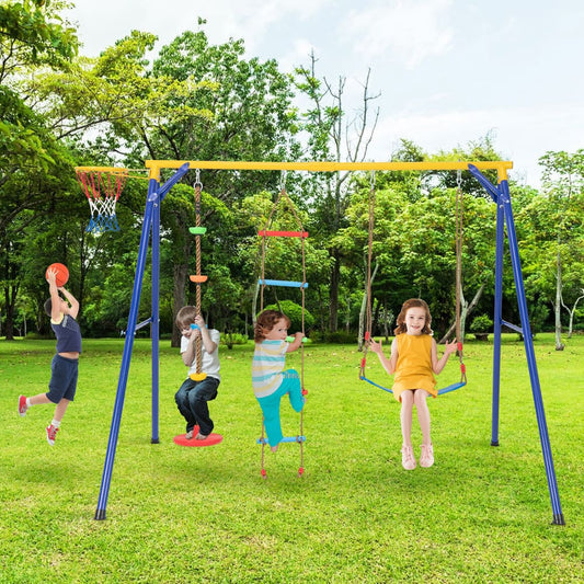 The outdoor swing set with basketball hoop, climbing ladder, disc swing and belt swing in a garden