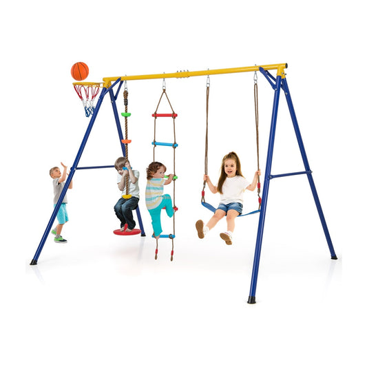 4-in-1 Heavy Duty Swing Set with basketball hoop, climbing ladder, disc swing and belt swing