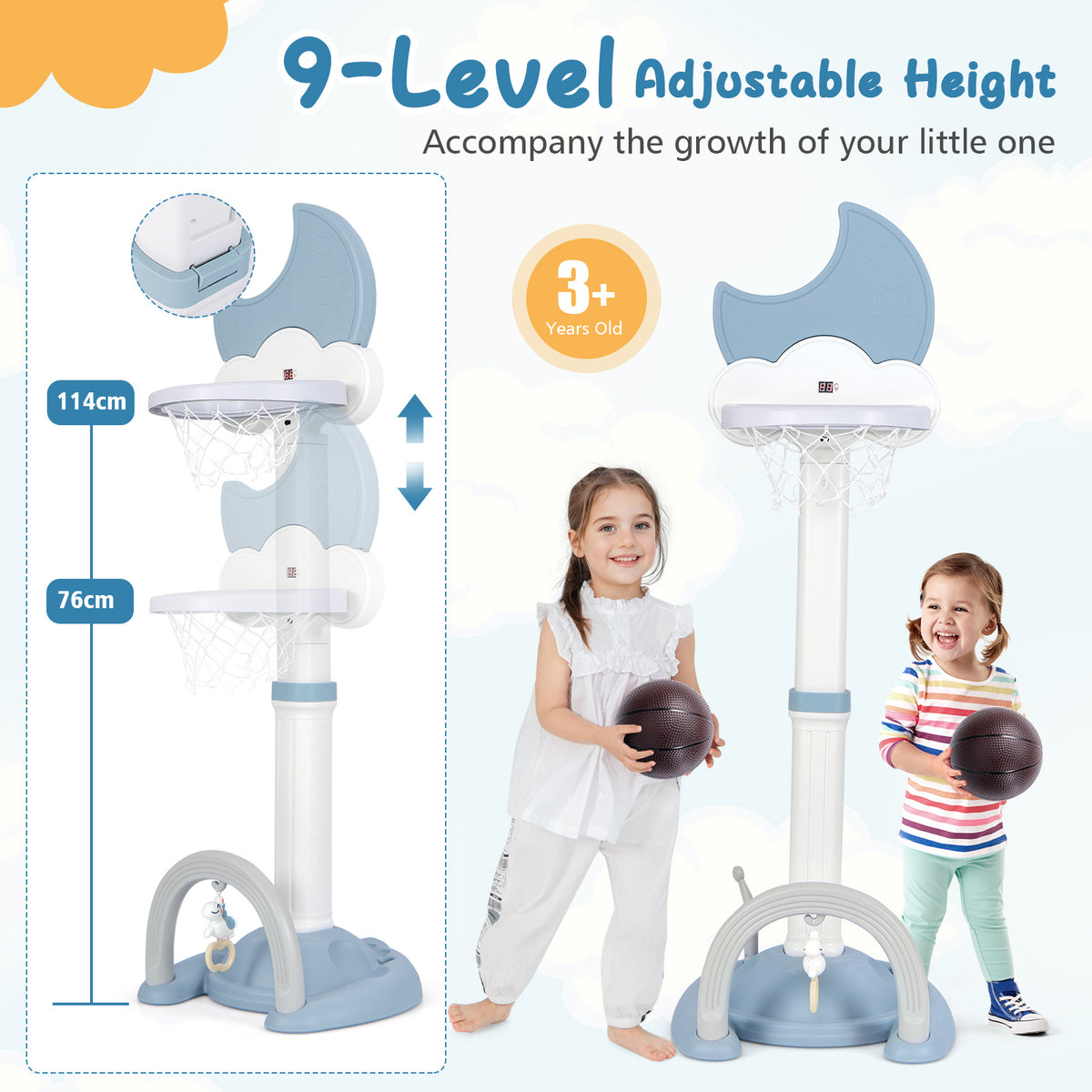 The blue kids basketball hoop with adjustable height, showing two height settings and two children