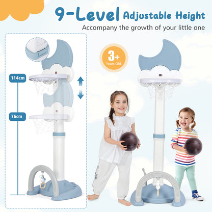 The blue kids basketball hoop with adjustable height, showing two height settings and two children