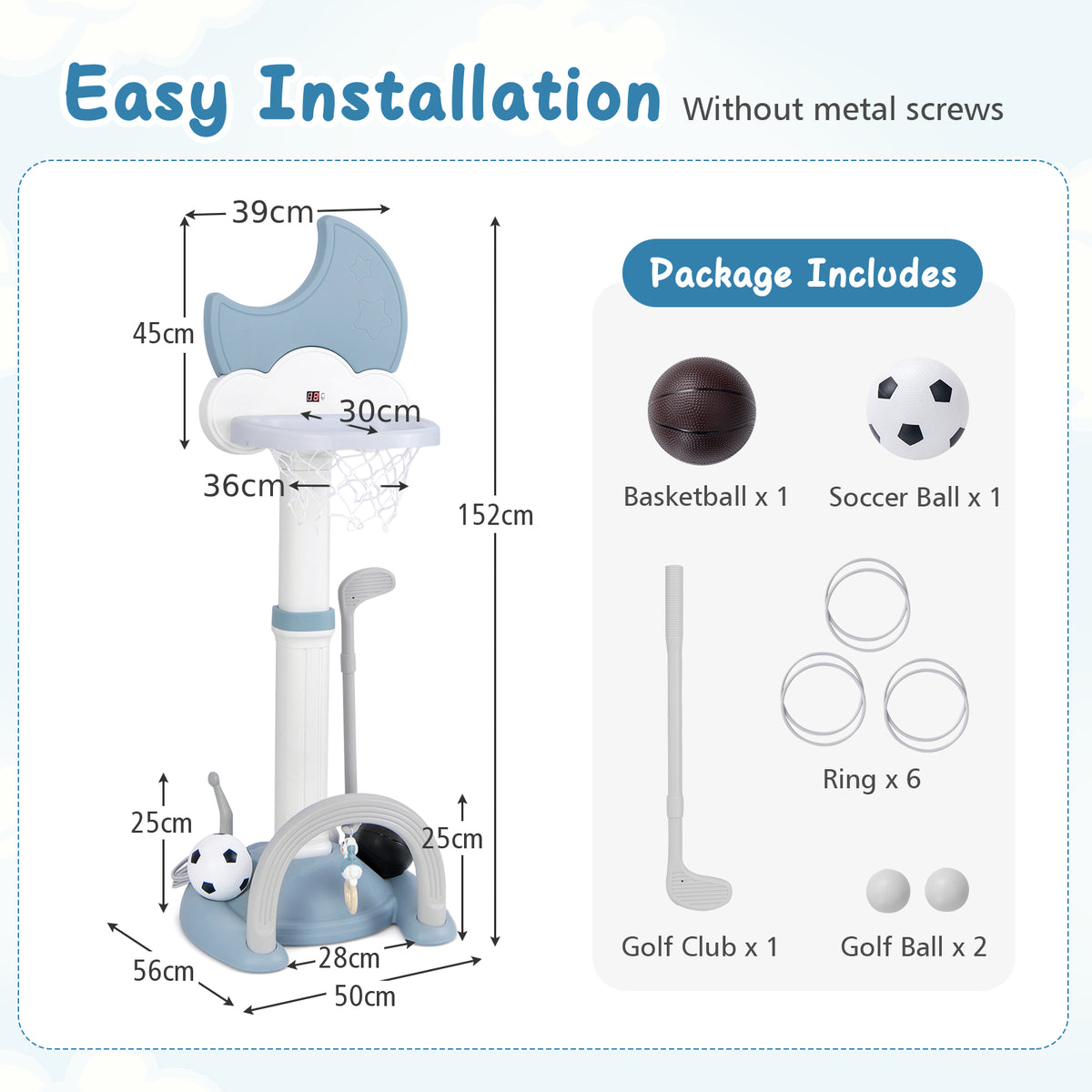 A diagram showing the dimensions and parts included with the blue kids basketball hoop