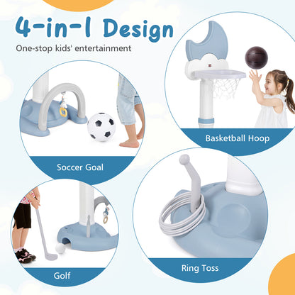 Four different play options for the blue kids basketball hoop: basketball, soccer, golf, and ring toss