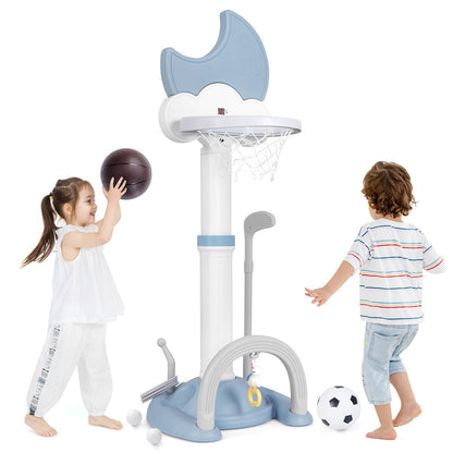 4-In-1 Kids Basketball Hoop with Adjustable Height for kids in blue, shown with two children playing basketball and golf