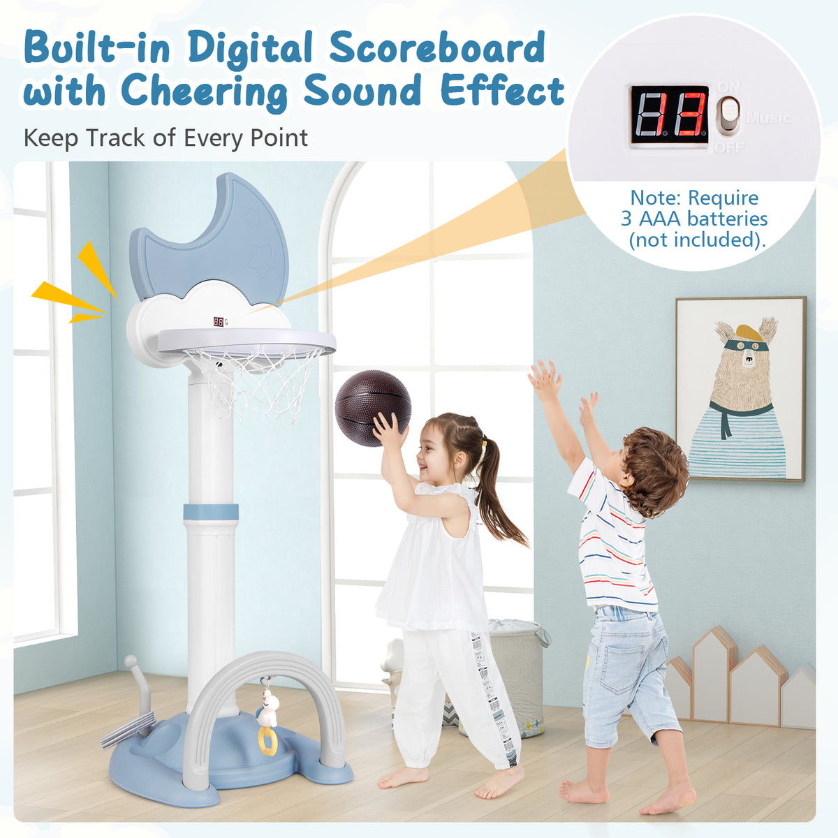 Close-up of the digital scoreboard on the blue kids basketball hoop with cheering sound effect