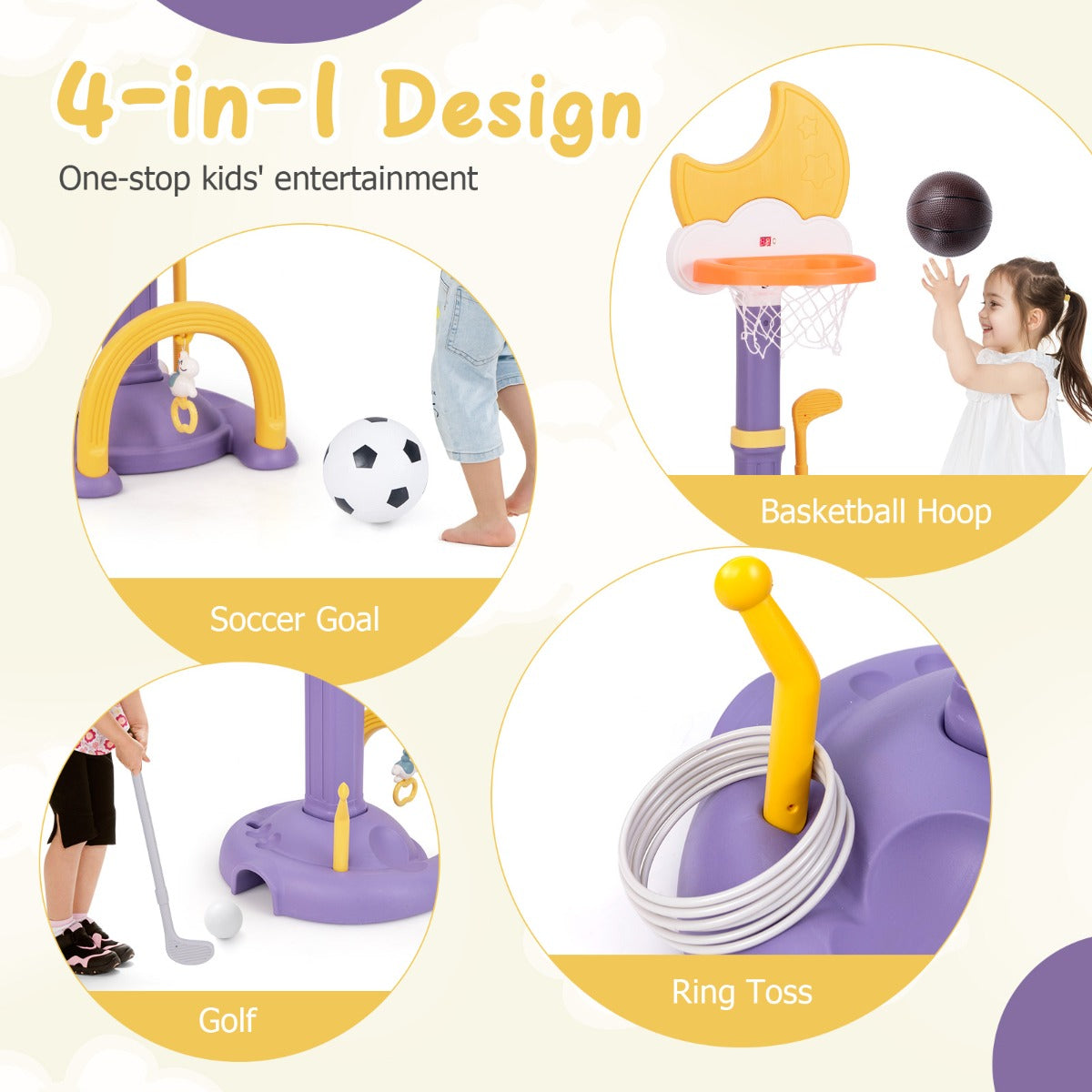 Four activity options for the kids basketball hoop toy sports set: basketball, soccer, golf and ring toss
