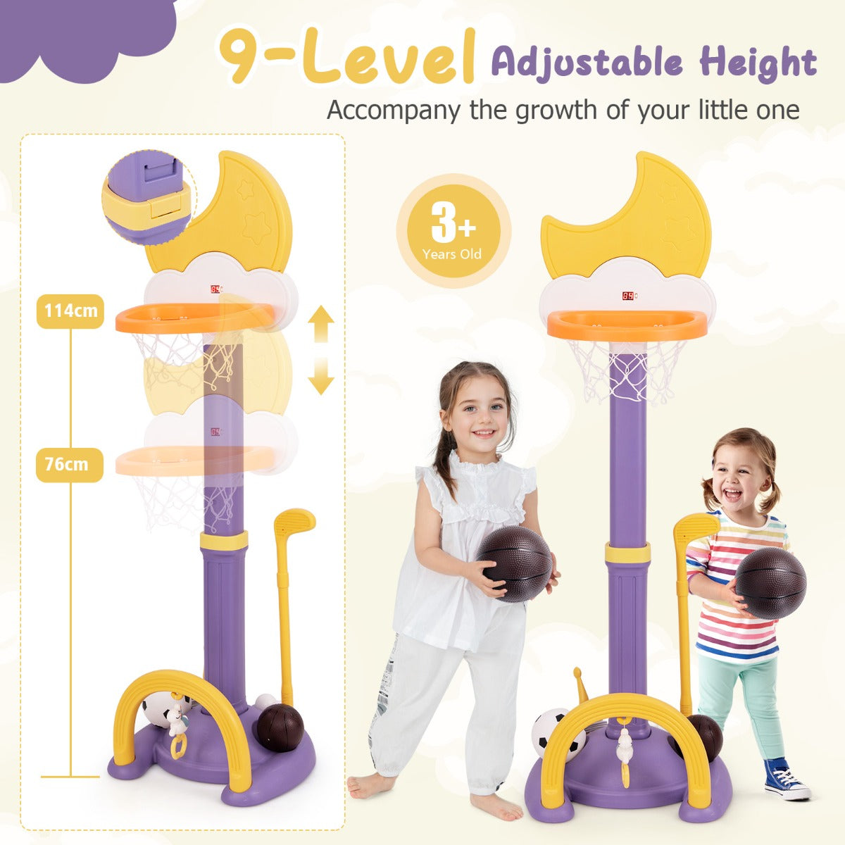 Demonstration of the adjustable height feature on the kids basketball hoop toy sports set
