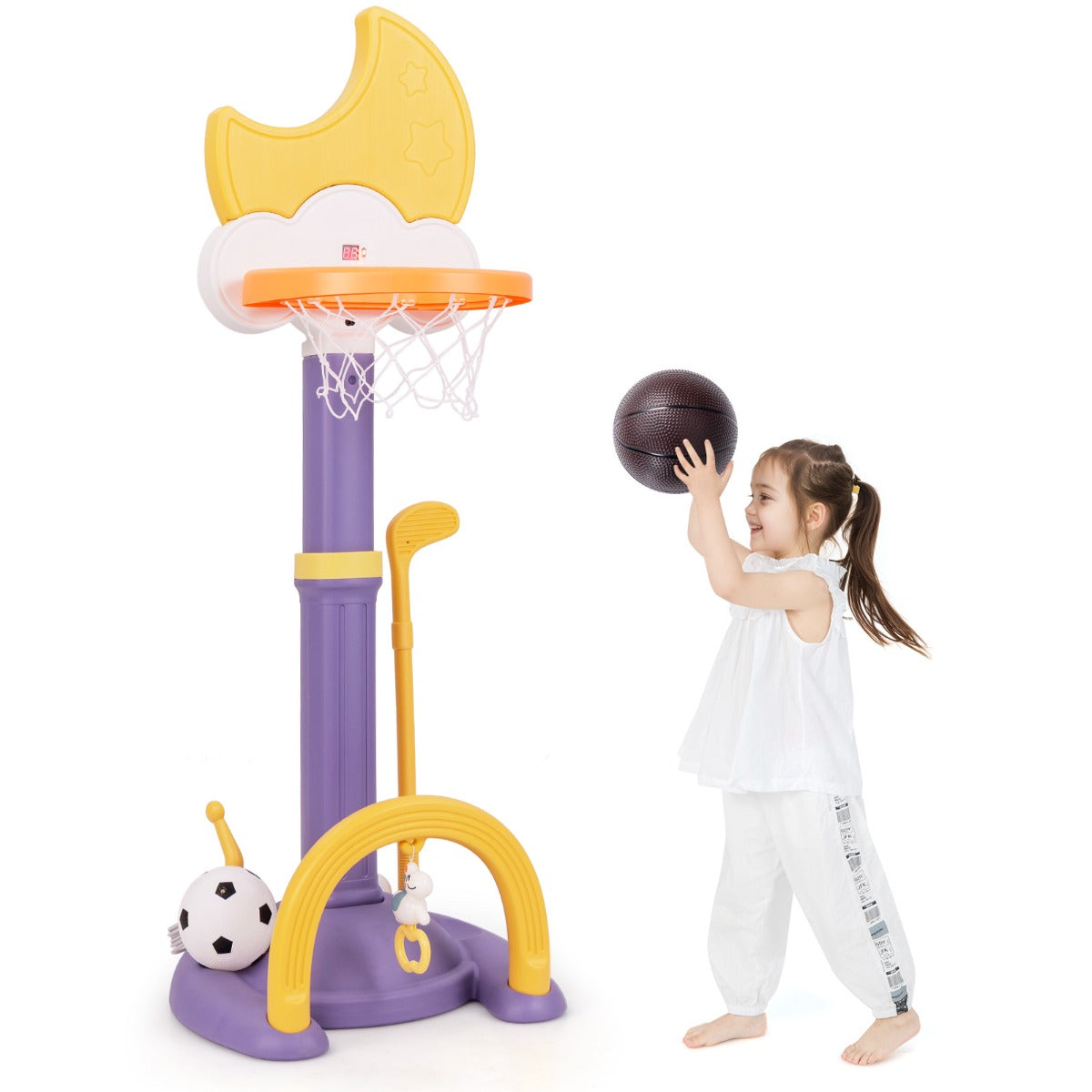 4-In-1 Kids Basketball Hoop with Adjustable Height in yellow, purple and white with a moon design on the backboard