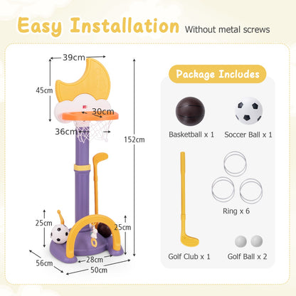 Diagram showing the dimensions and parts included with the kids basketball hoop toy sports set