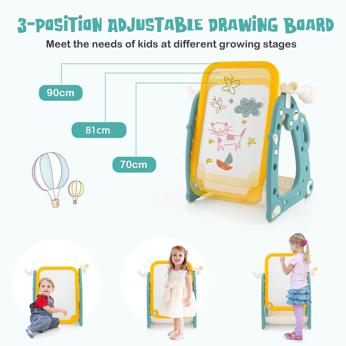 The adjustable drawing board on the kids table and chair set at different heights