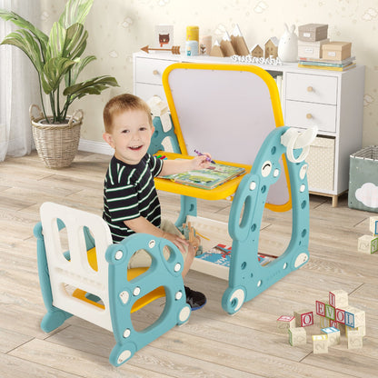 A young boy happily drawing at the kids table and chair set in a bright room