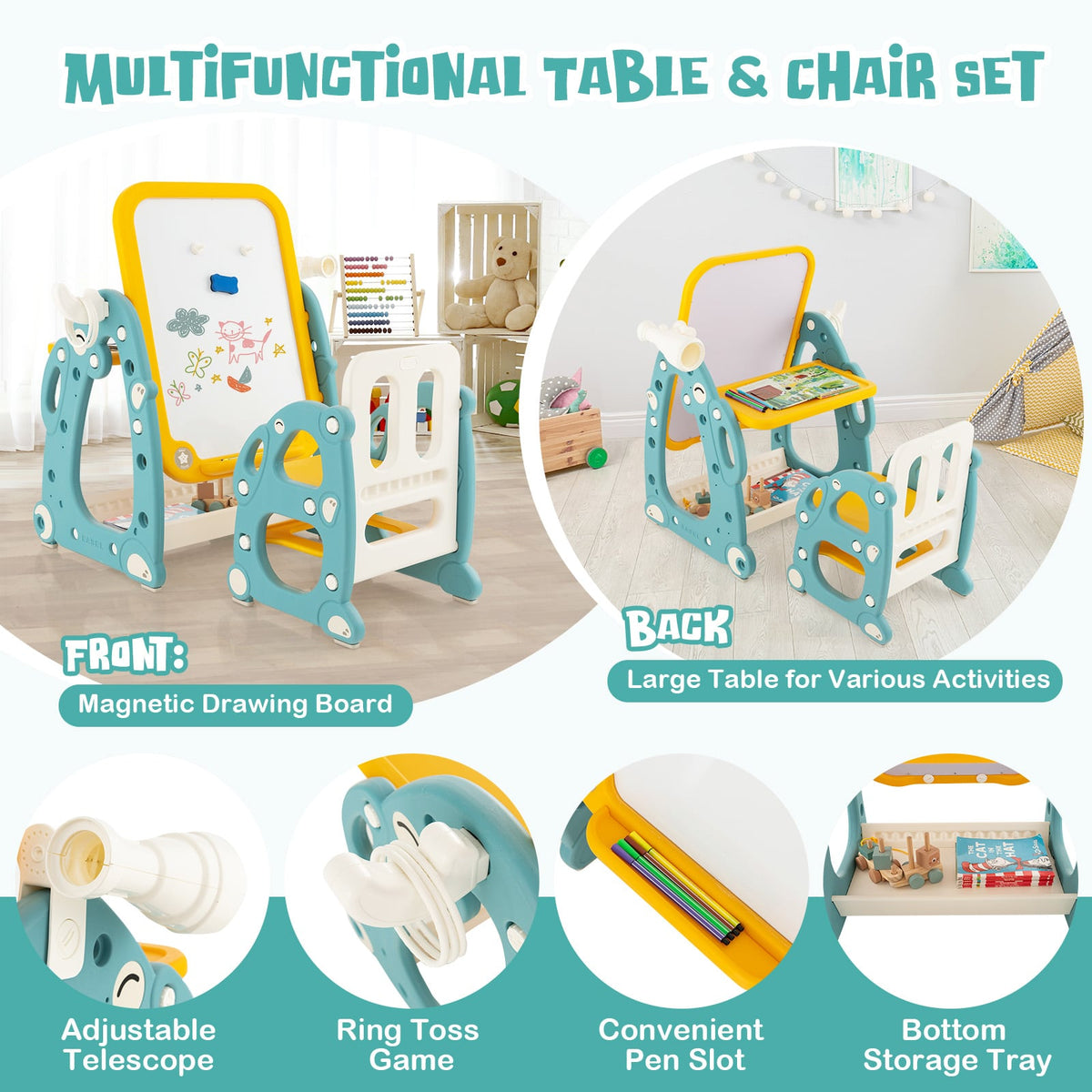 Close-up views of the features of the multifunctional table and chair set