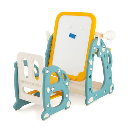 4-in-1 Kids Drawing Table and Chair Set with adjustable whiteboard in yellow and blue