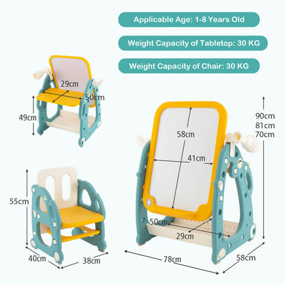 A size diagram showing the dimensions of the kids table and chair set