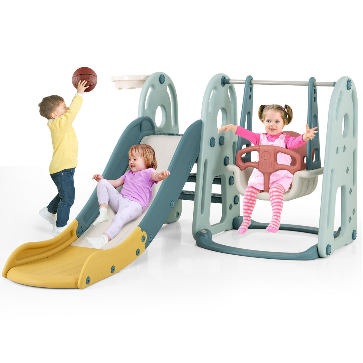 Two children using the green and blue kids slide and swing set with a basketball hoop