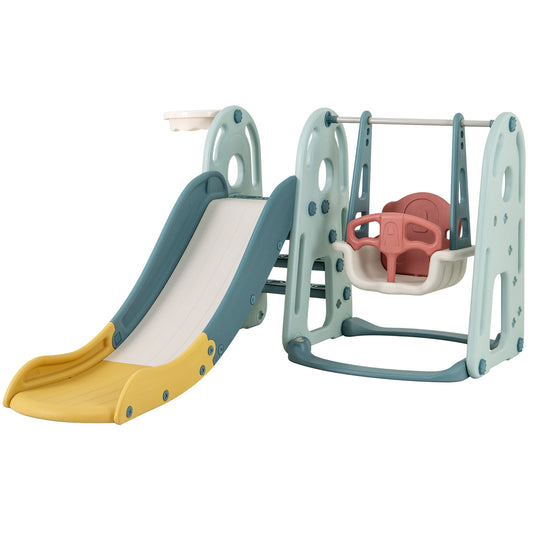 4-in-1 Kids Slide and Swing Set in green and blue with a basketball hoop