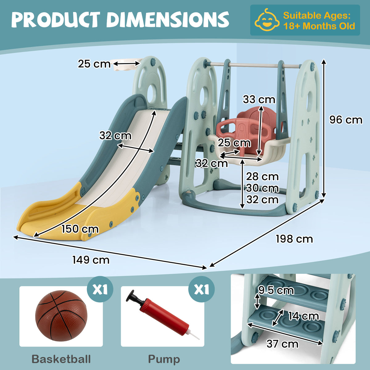Dimensions diagram for the green and blue kids slide and swing set with accessories