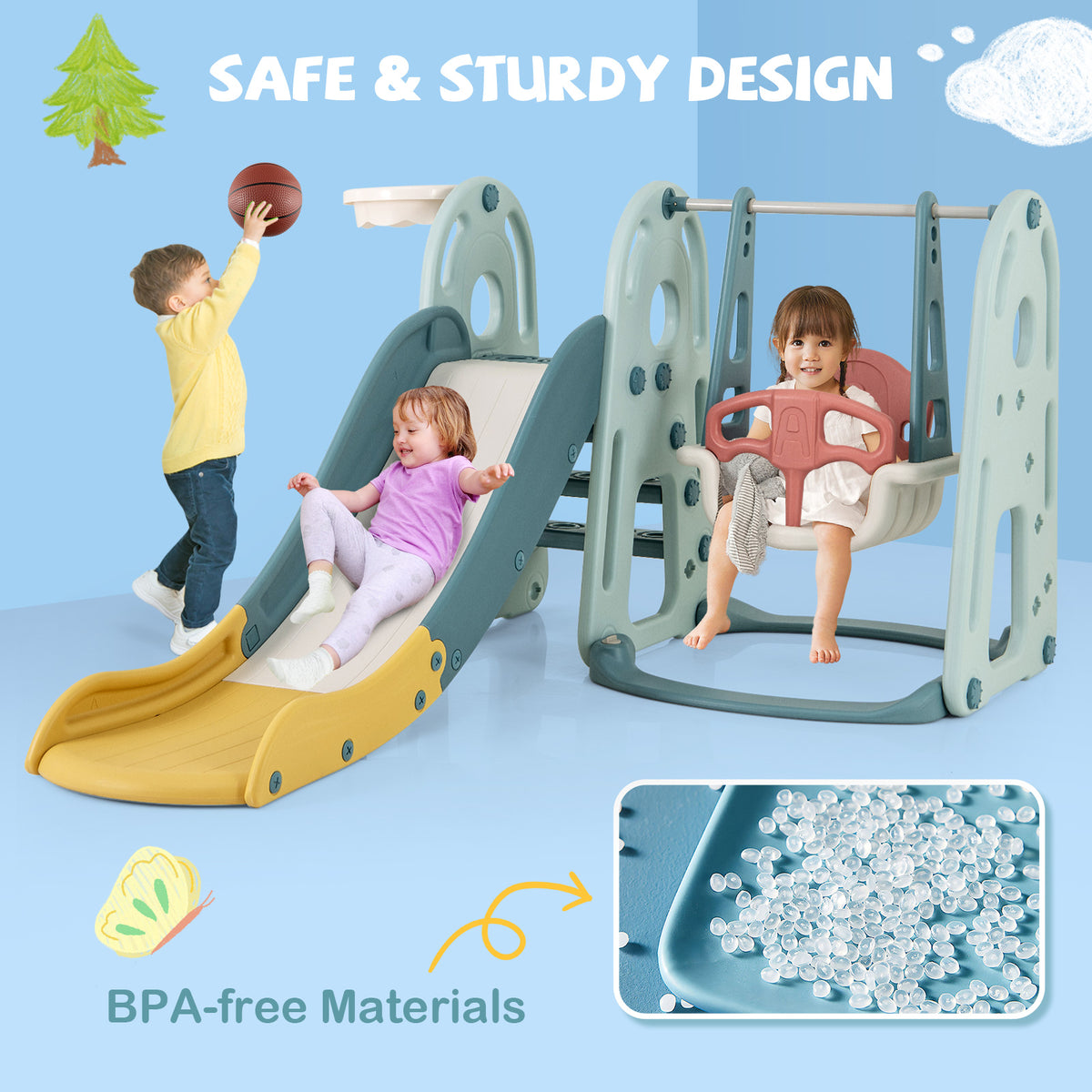 Close up of the green and blue kids slide and swing set showing BPA-free materials