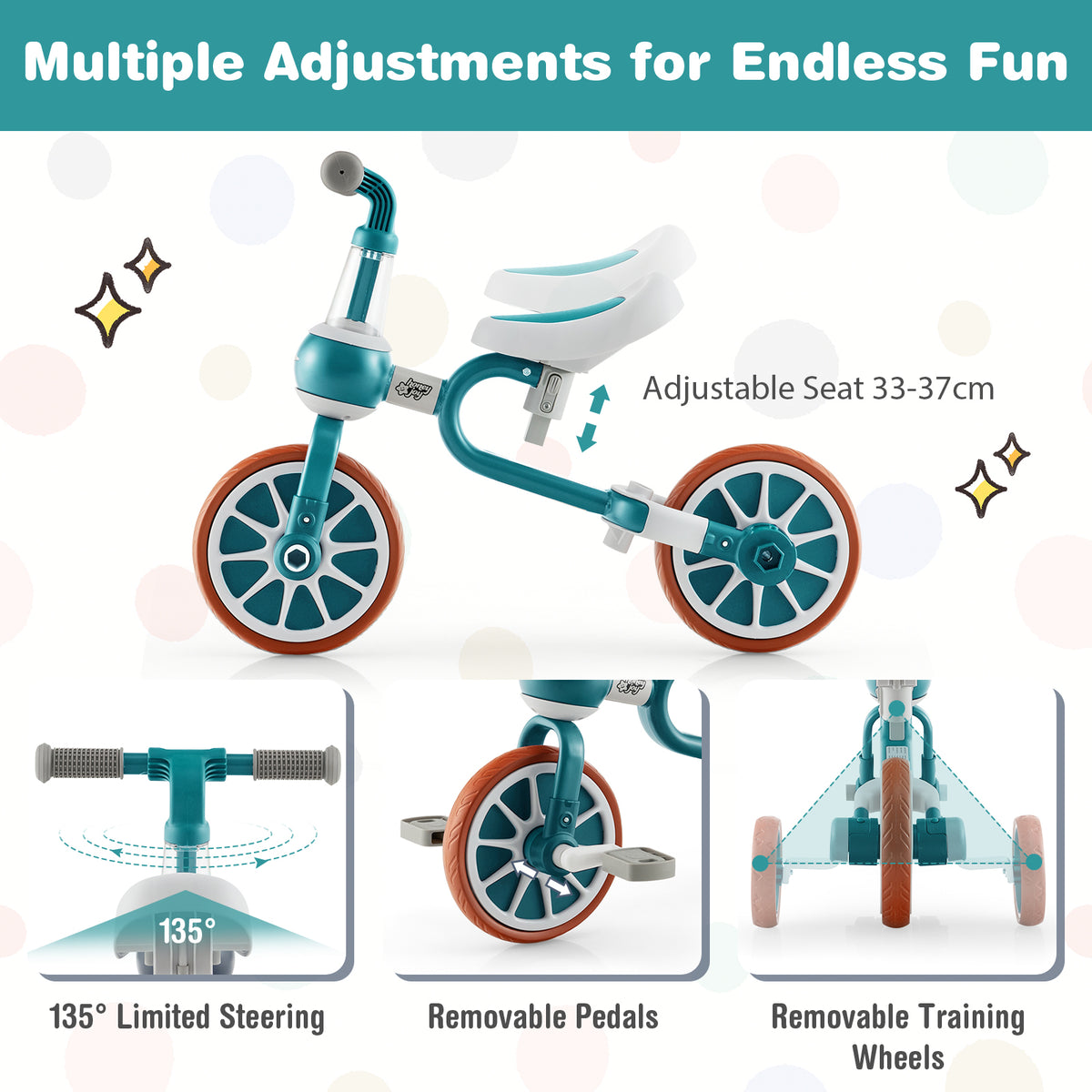 The green training trike showing the adjustable seat and removable parts