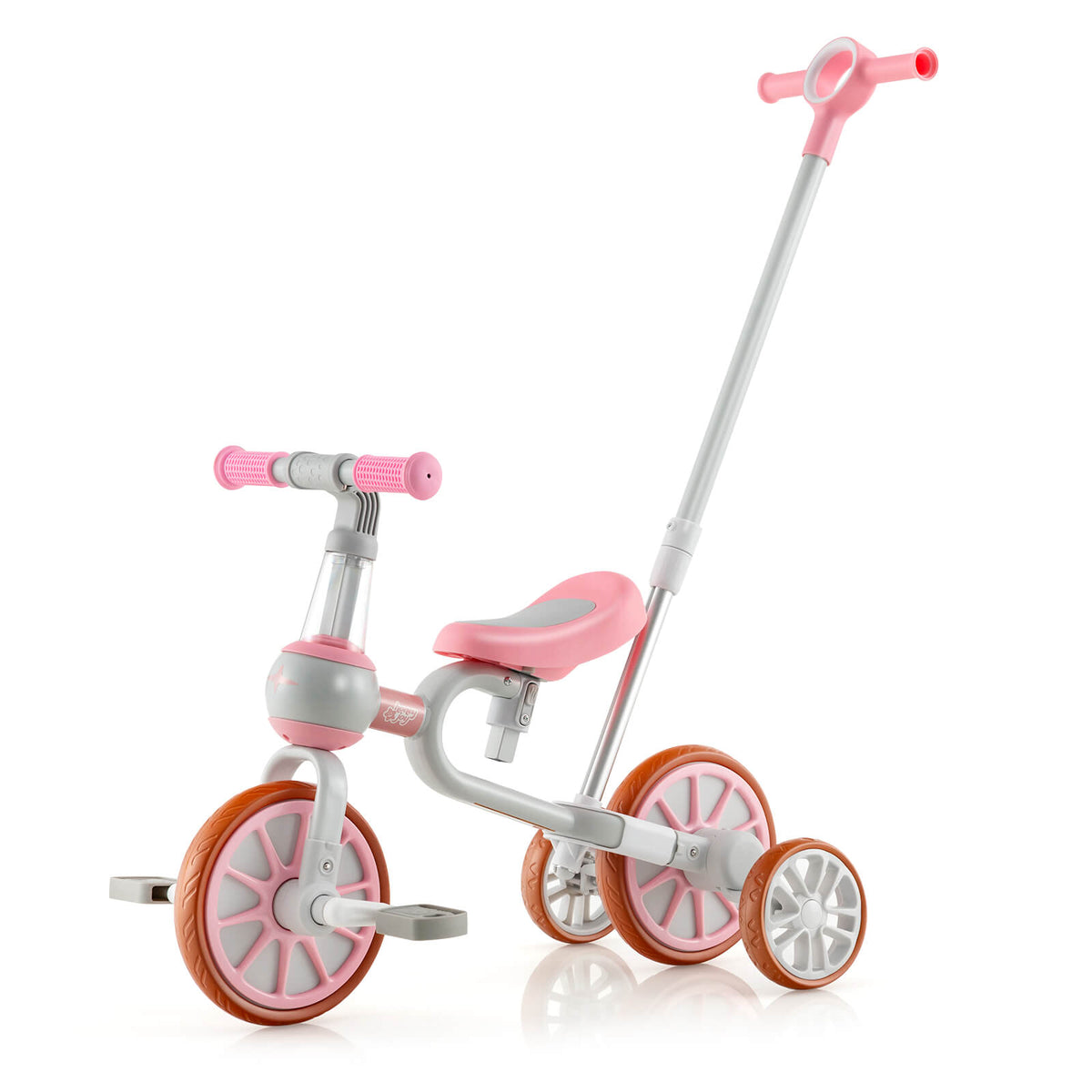 4-in-1 Multifunctional Kids Training Balance Trike with Adjustable Push Handle in pink, a three-wheeled ride-on toy