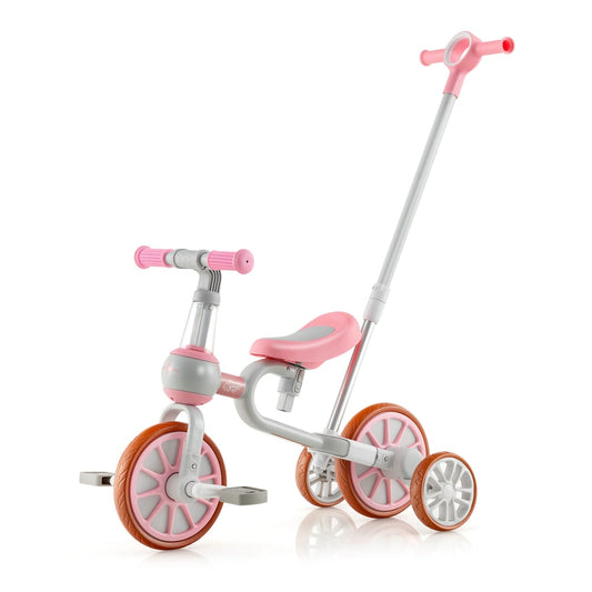 4-in-1 Multifunctional Kids Training Balance Trike with Adjustable Push Handle in pink, a three-wheeled ride-on toy