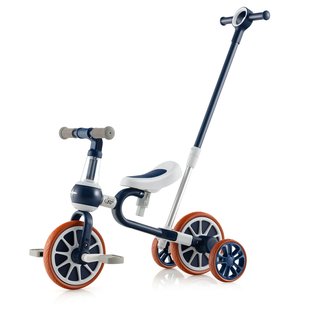 4-in-1 Multifunctional Kids Training Balance Trike wih Adjustable Push Handle in navy, a versatile ride on toy for children