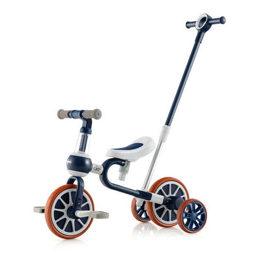 4-in-1 Multifunctional Kids Training Balance Trike wih Adjustable Push Handle in navy, a versatile ride on toy for children