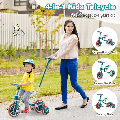 The green training trike in use with small circular insets showing different modes