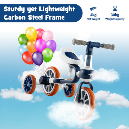 The navy training trike with a bunch of colourful balloons floating behind it