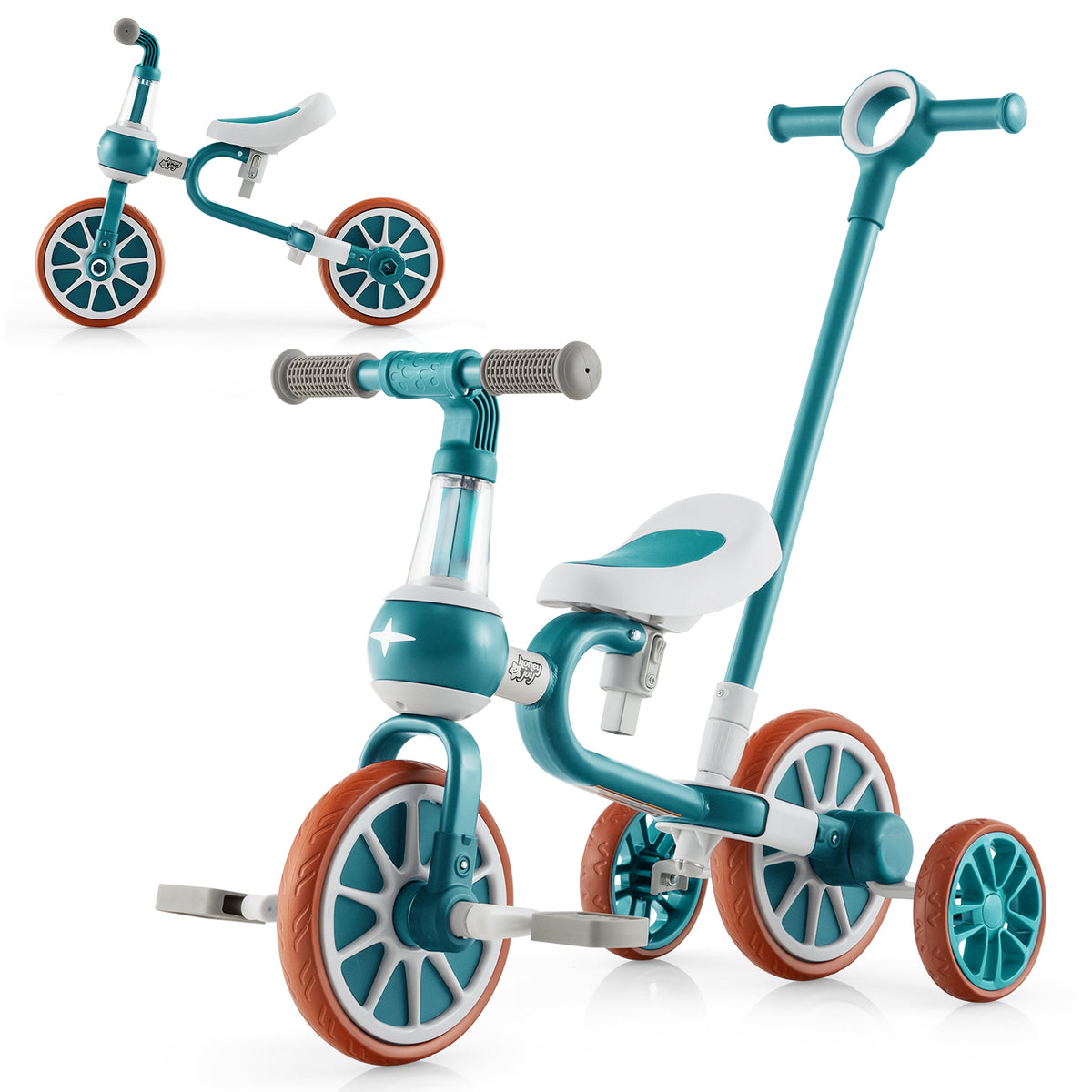4-in-1 Multifunctional Kids Training Balance Trike wih Adjustable Push Handle in green and white