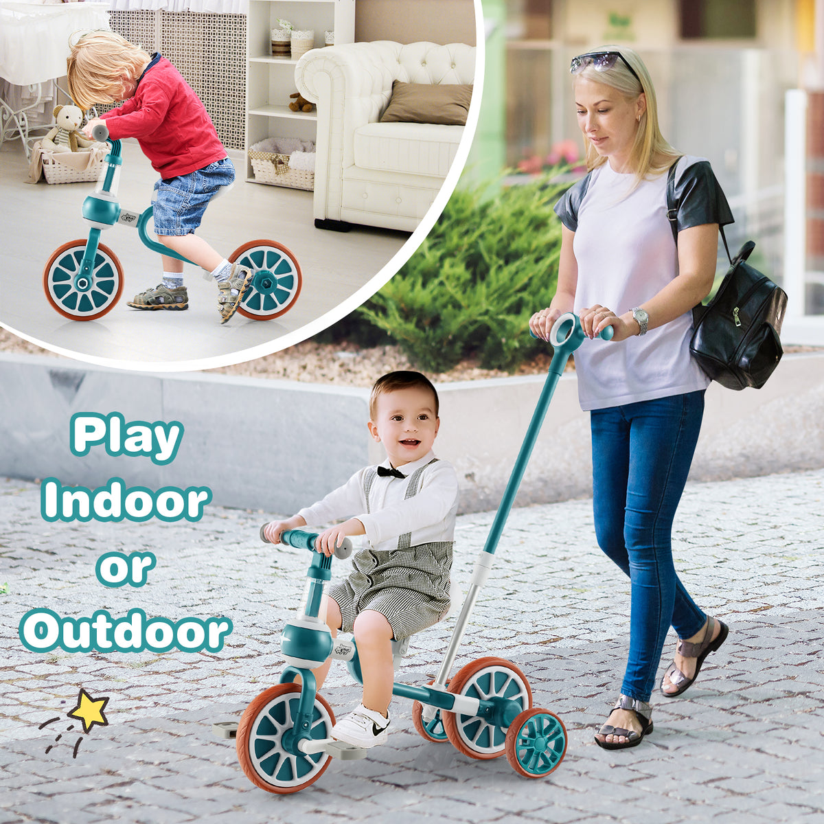 The green training trike shown in two different settings for indoor and outdoor play