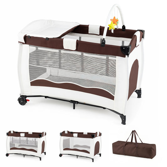 4 in 1 Pack baby playard with changing table and hanging toys shown with its carry bag