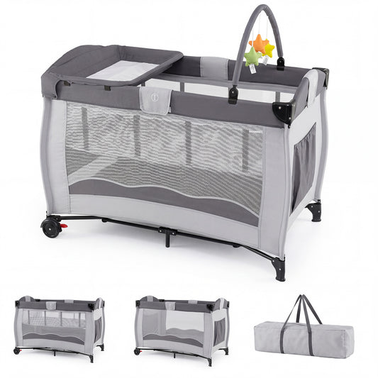 4 in 1 Pack baby playard with changing table and hanging toys in grey