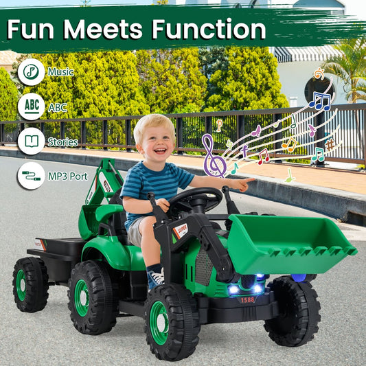 A happy child drives the green kids electric tractor with trailer outdoors